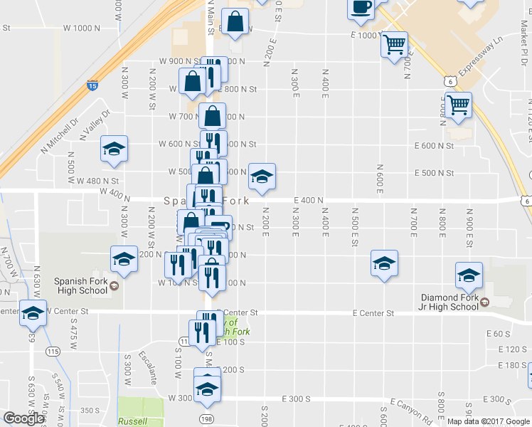 map of restaurants, bars, coffee shops, grocery stores, and more near 358 North 200 East in Spanish Fork