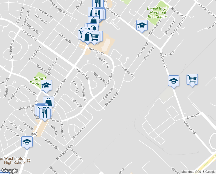 map of restaurants, bars, coffee shops, grocery stores, and more near 11623 Kelvin Avenue in Philadelphia