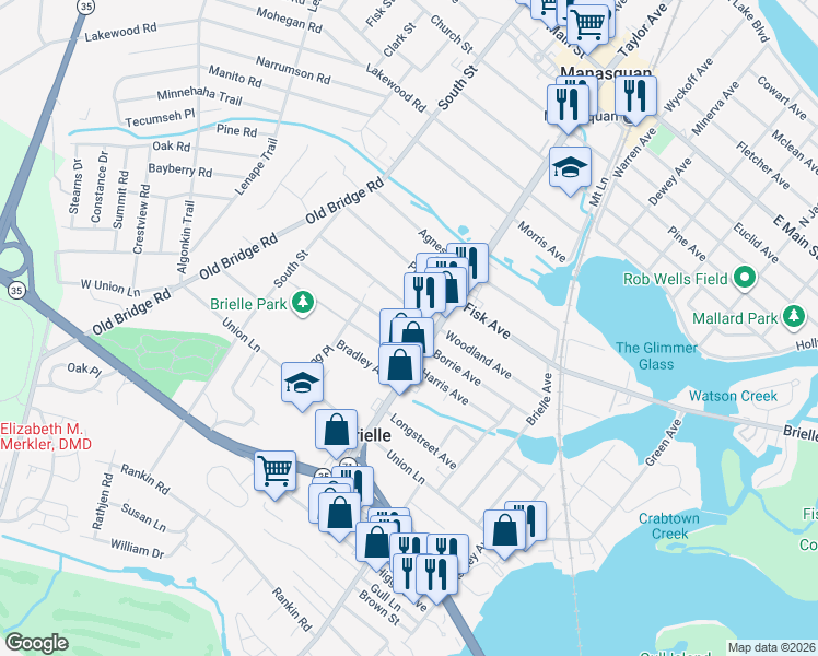 map of restaurants, bars, coffee shops, grocery stores, and more near 606 Borrie Avenue in Brielle