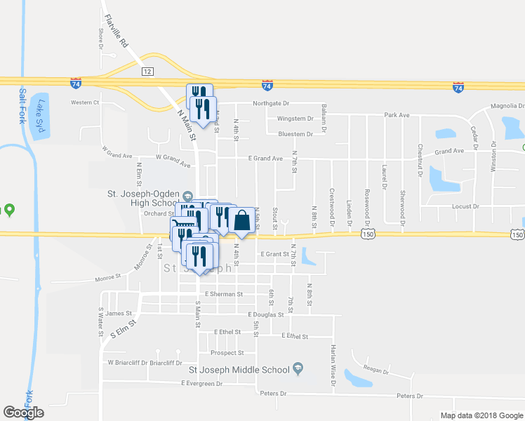 map of restaurants, bars, coffee shops, grocery stores, and more near 406 North 5th Street in Saint Joseph