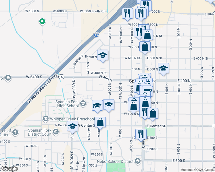 map of restaurants, bars, coffee shops, grocery stores, and more near 347 N 300 W in Spanish Fork