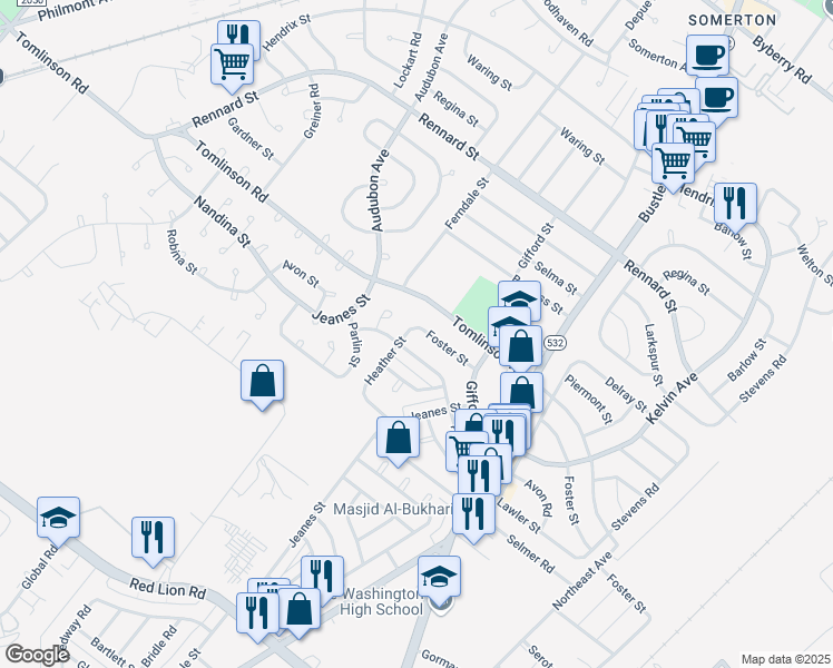 map of restaurants, bars, coffee shops, grocery stores, and more near 502 Foster Street in Philadelphia