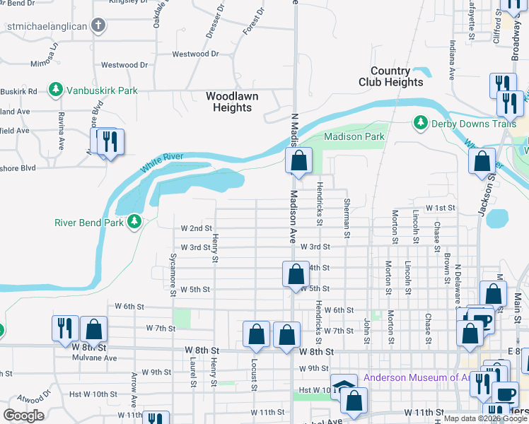 map of restaurants, bars, coffee shops, grocery stores, and more near 1121 West 1st Street in Anderson