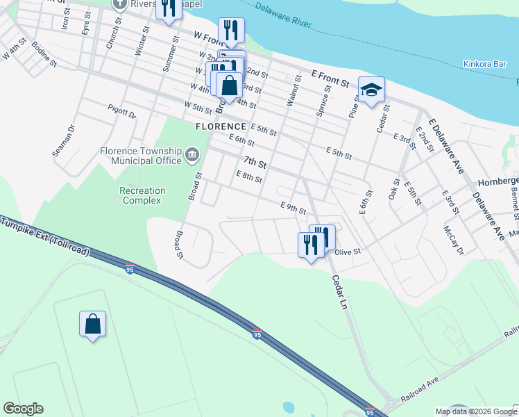 map of restaurants, bars, coffee shops, grocery stores, and more near 904 Walnut Street in Florence