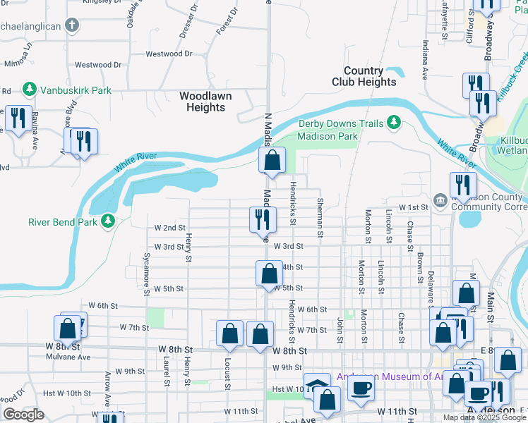 map of restaurants, bars, coffee shops, grocery stores, and more near 1005 West 1st Street in Anderson