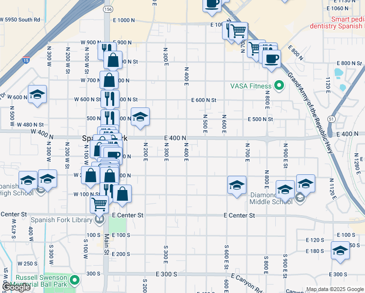 map of restaurants, bars, coffee shops, grocery stores, and more near 359 North 400 East in Spanish Fork