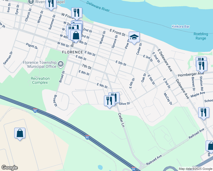 map of restaurants, bars, coffee shops, grocery stores, and more near 425 East 9th Street in Florence