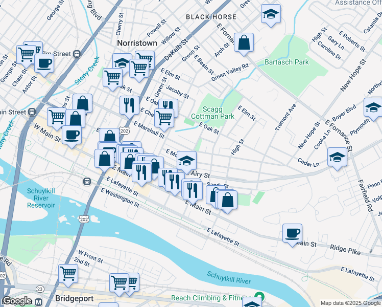map of restaurants, bars, coffee shops, grocery stores, and more near 352 East Marshall Street in Norristown