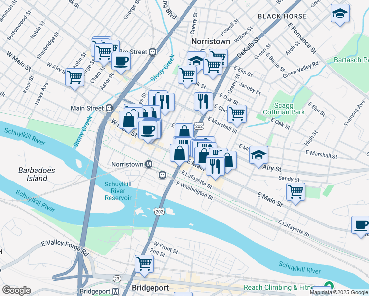 map of restaurants, bars, coffee shops, grocery stores, and more near 333 U.S. 202 in Norristown