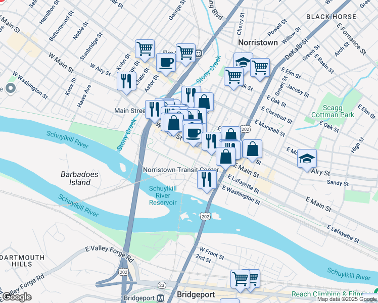 map of restaurants, bars, coffee shops, grocery stores, and more near 201 Cherry Street in Norristown
