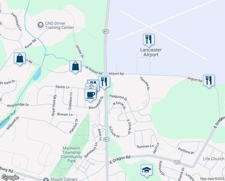 map of restaurants, bars, coffee shops, grocery stores, and more near 3111 Lititz Pike in Lititz