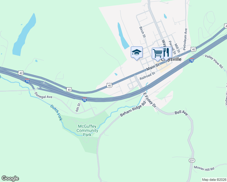 map of restaurants, bars, coffee shops, grocery stores, and more near 25 Noble Lane in Claysville