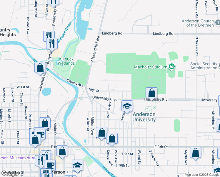 map of restaurants, bars, coffee shops, grocery stores, and more near 708 High Street in Anderson