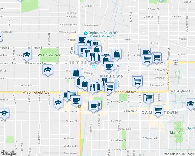 map of restaurants, bars, coffee shops, grocery stores, and more near 301 South Water Street in Champaign