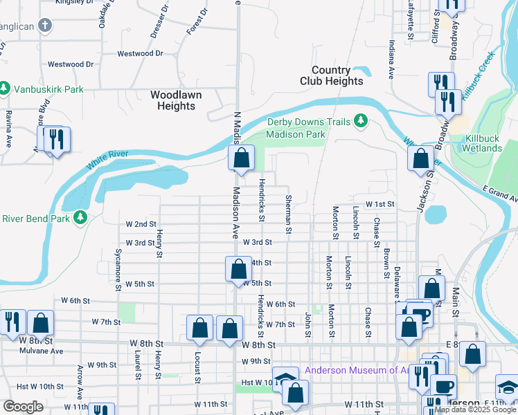 map of restaurants, bars, coffee shops, grocery stores, and more near 105 Hendricks Street in Anderson