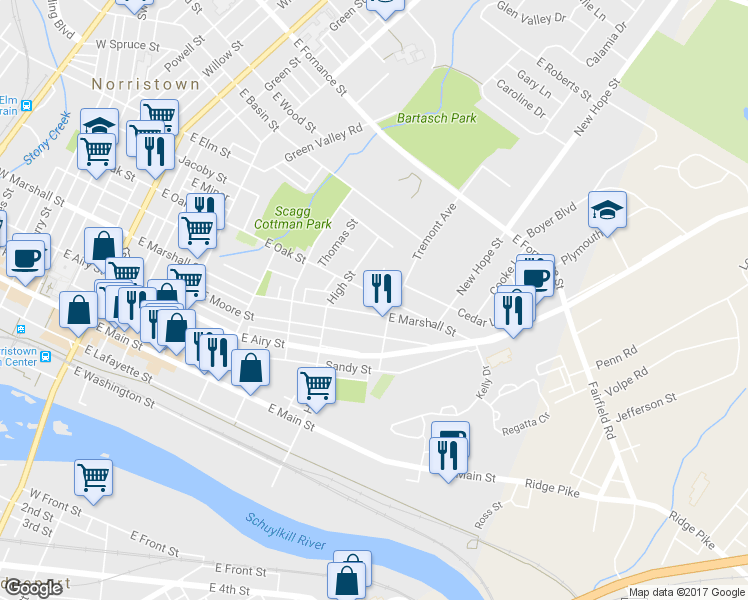 map of restaurants, bars, coffee shops, grocery stores, and more near 632 East Oak Street in Norristown