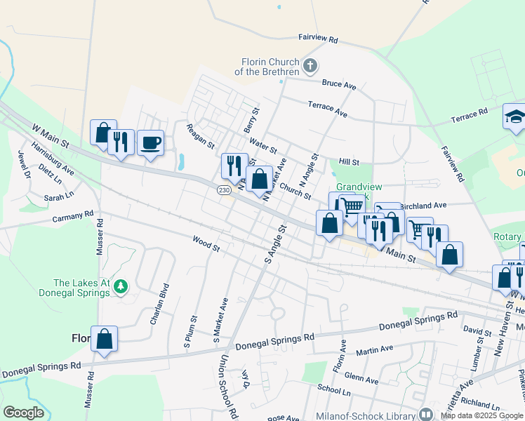 map of restaurants, bars, coffee shops, grocery stores, and more near 744 West Main Street in Mount Joy