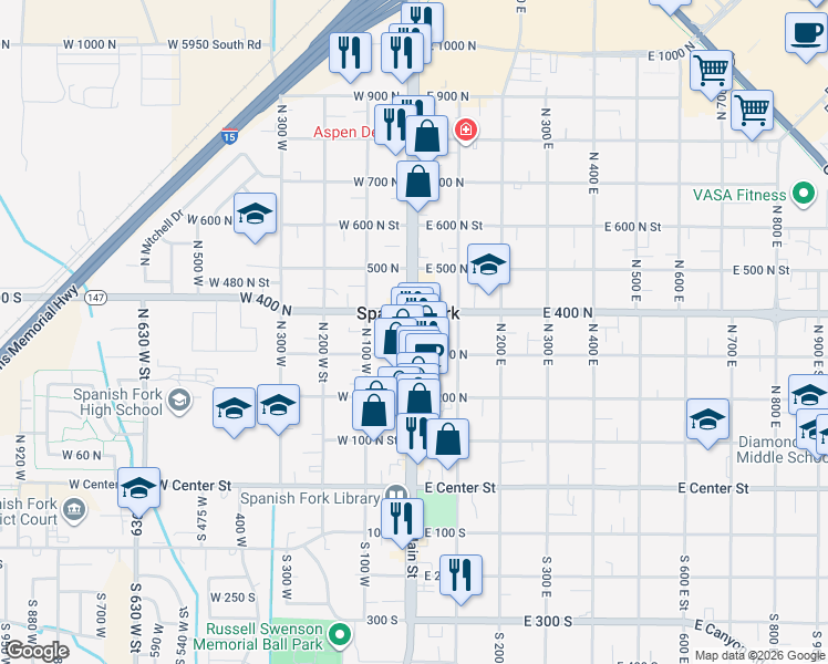 map of restaurants, bars, coffee shops, grocery stores, and more near 360 North Main Street in Spanish Fork