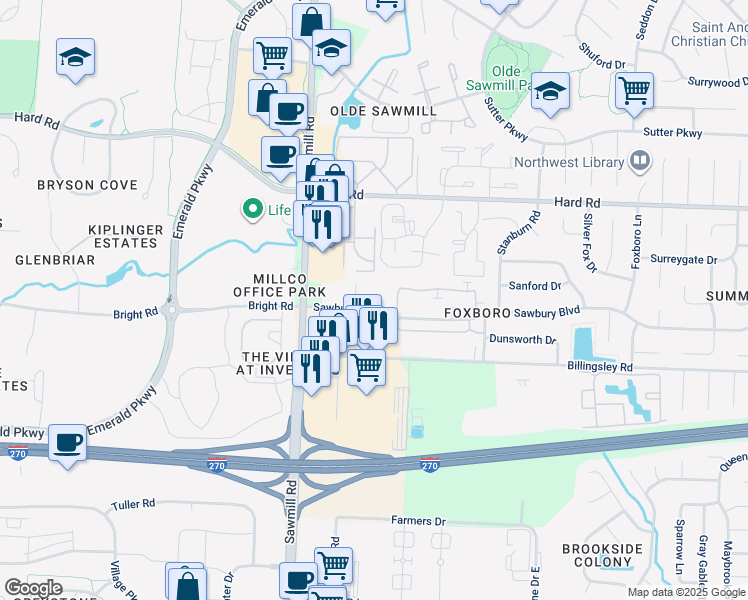 map of restaurants, bars, coffee shops, grocery stores, and more near 2736 Sawbury Boulevard in Columbus