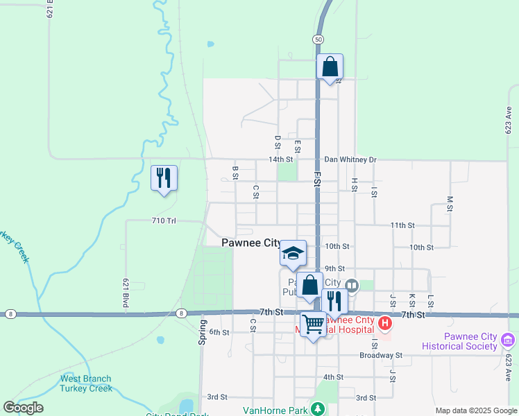 map of restaurants, bars, coffee shops, grocery stores, and more near 303 12th Street in Pawnee City