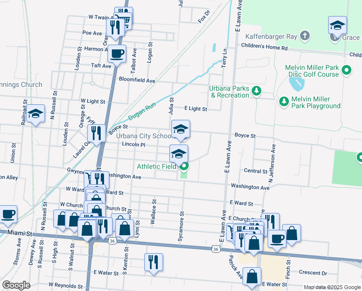 map of restaurants, bars, coffee shops, grocery stores, and more near 711 Wood Street in Urbana