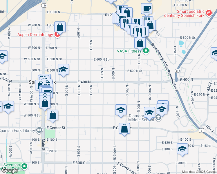 map of restaurants, bars, coffee shops, grocery stores, and more near 540 East 400 North in Spanish Fork