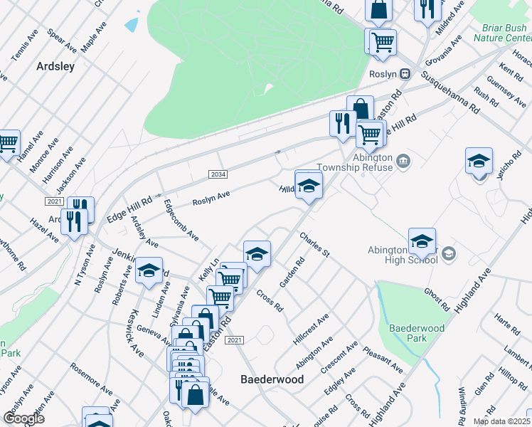 map of restaurants, bars, coffee shops, grocery stores, and more near 748 Castlewood Road in Glenside