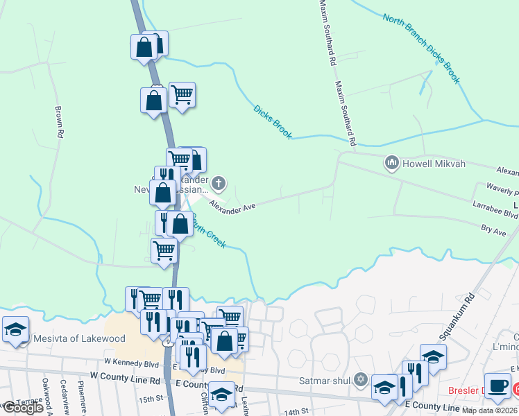 map of restaurants, bars, coffee shops, grocery stores, and more near 258 Alexander Avenue in Howell Township
