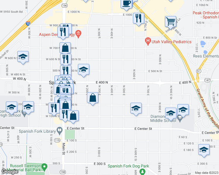 map of restaurants, bars, coffee shops, grocery stores, and more near 359 North 400 East in Spanish Fork