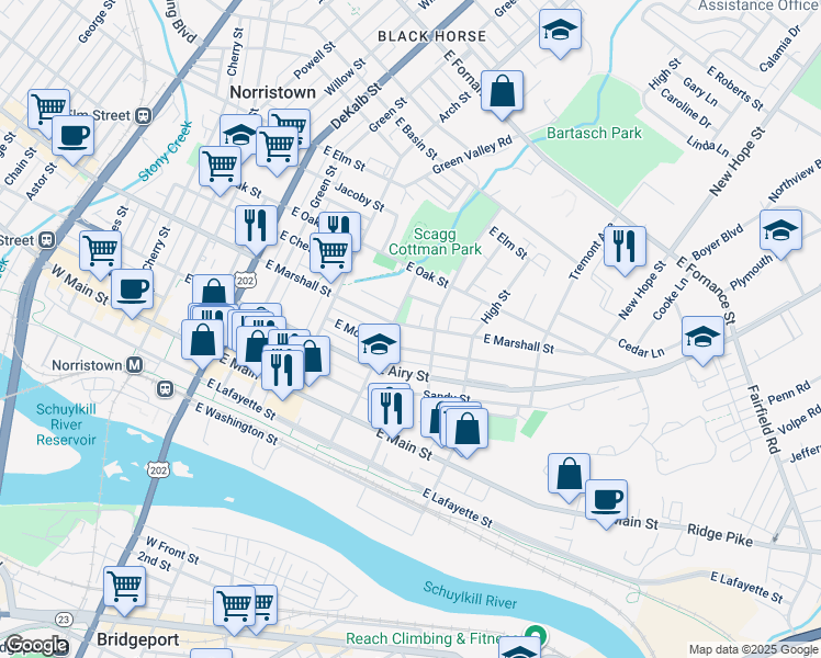 map of restaurants, bars, coffee shops, grocery stores, and more near 422 East Marshall Street in Norristown