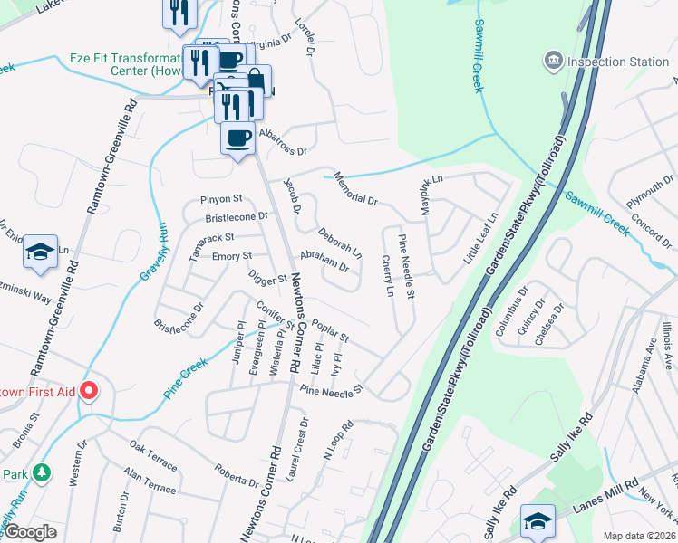 map of restaurants, bars, coffee shops, grocery stores, and more near 20 Abraham Drive in Howell Township