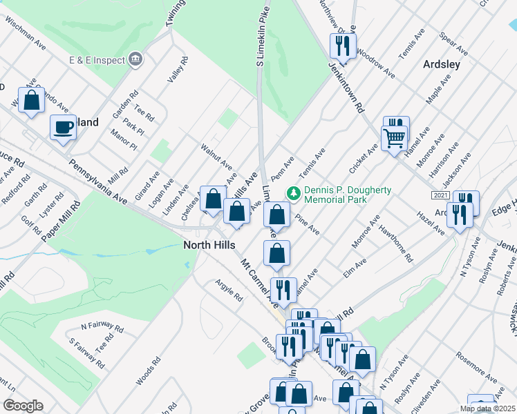 map of restaurants, bars, coffee shops, grocery stores, and more near 163 Tennis Ave in Glenside