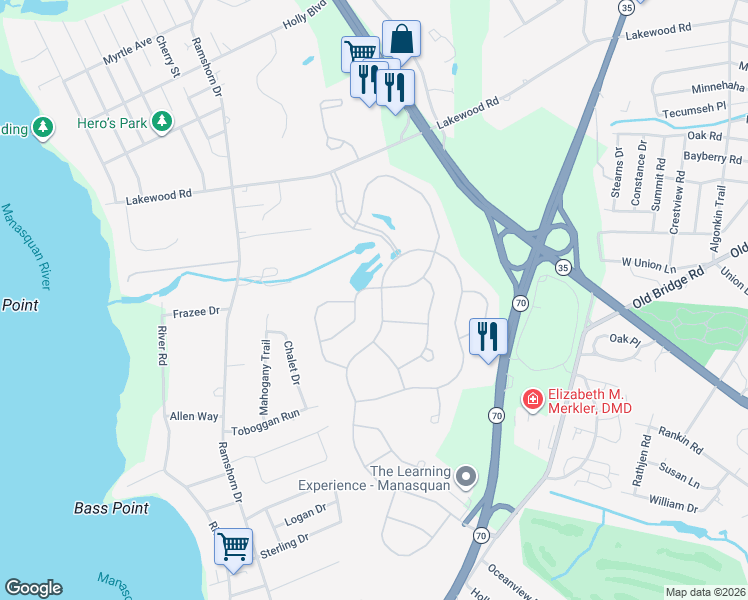 map of restaurants, bars, coffee shops, grocery stores, and more near 1527 Harvest Lane in Manasquan