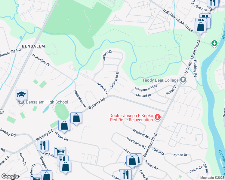 map of restaurants, bars, coffee shops, grocery stores, and more near 1394 Abbey Way in Bensalem