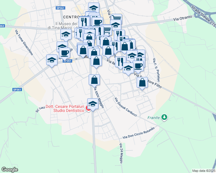 map of restaurants, bars, coffee shops, grocery stores, and more near 9 Via Giosuè Carducci in Maglie