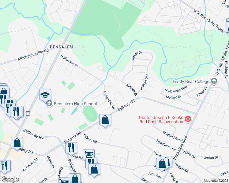 map of restaurants, bars, coffee shops, grocery stores, and more near 118 Casey Lane in Bucks County