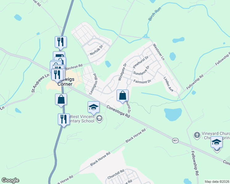 map of restaurants, bars, coffee shops, grocery stores, and more near 181 Windgate Drive in Chester Springs