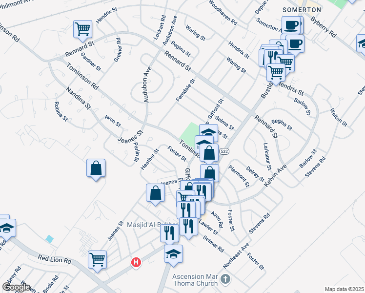 map of restaurants, bars, coffee shops, grocery stores, and more near 476 Tomlinson Road in Philadelphia
