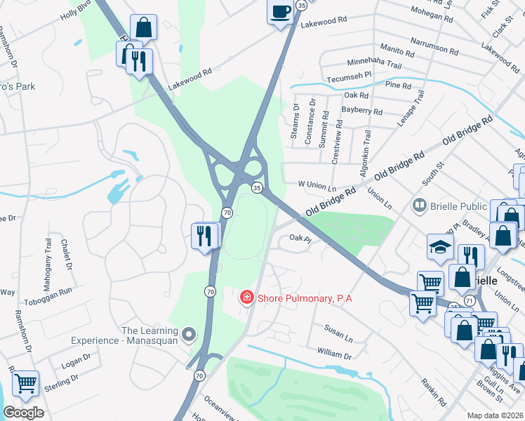 map of restaurants, bars, coffee shops, grocery stores, and more near 241 Oval Road in Manasquan