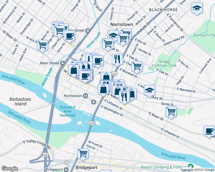 map of restaurants, bars, coffee shops, grocery stores, and more near 333 U.S. 202 in Norristown