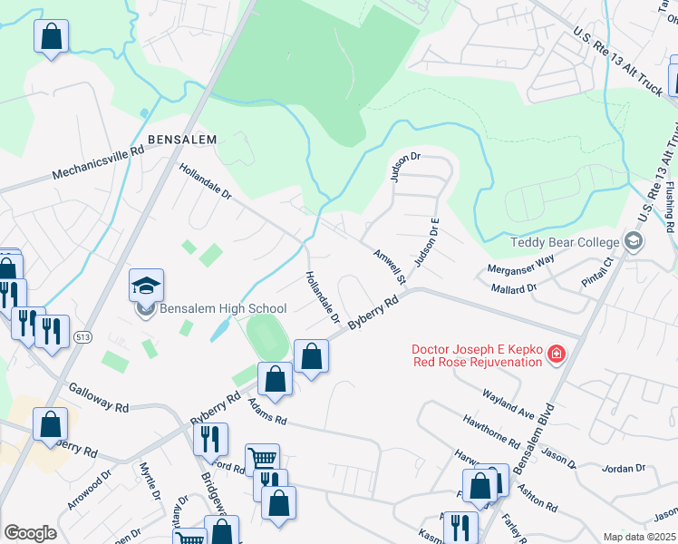 map of restaurants, bars, coffee shops, grocery stores, and more near 118 Casey Lane in Bucks County