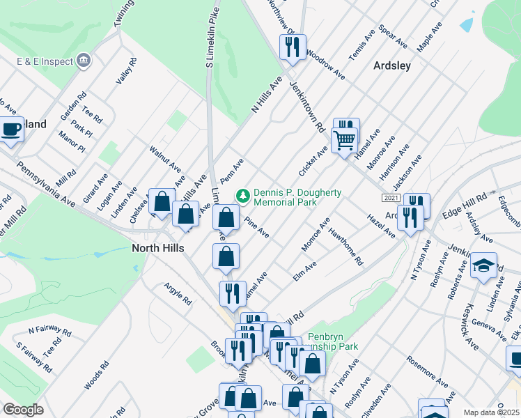 map of restaurants, bars, coffee shops, grocery stores, and more near 319 Central Ave in Glenside