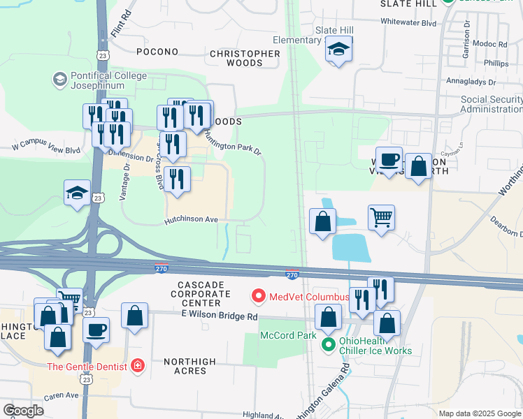 map of restaurants, bars, coffee shops, grocery stores, and more near 7272 Huntington Park Drive in Columbus