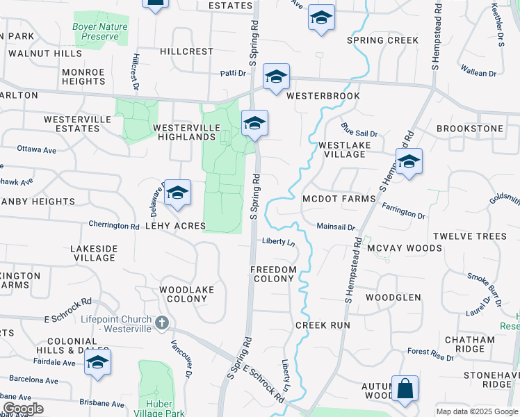 map of restaurants, bars, coffee shops, grocery stores, and more near 404 South Spring Road in Westerville