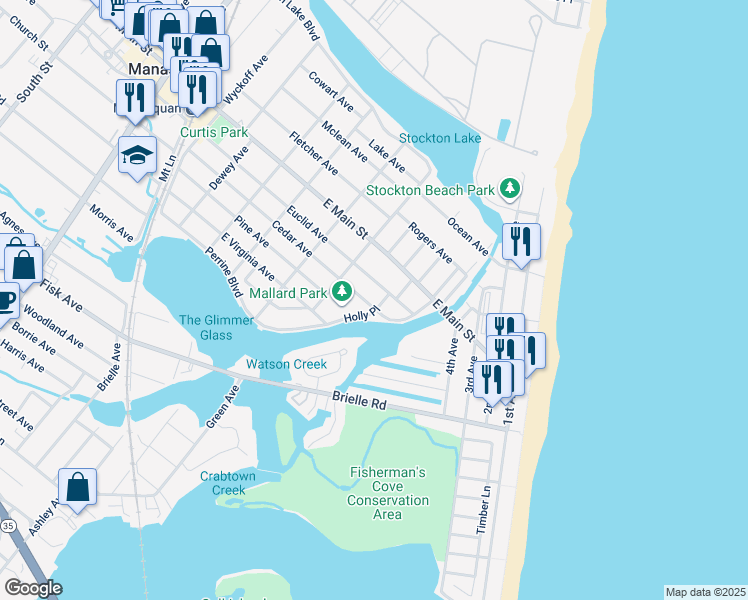 map of restaurants, bars, coffee shops, grocery stores, and more near 448 Cedar Avenue in Manasquan
