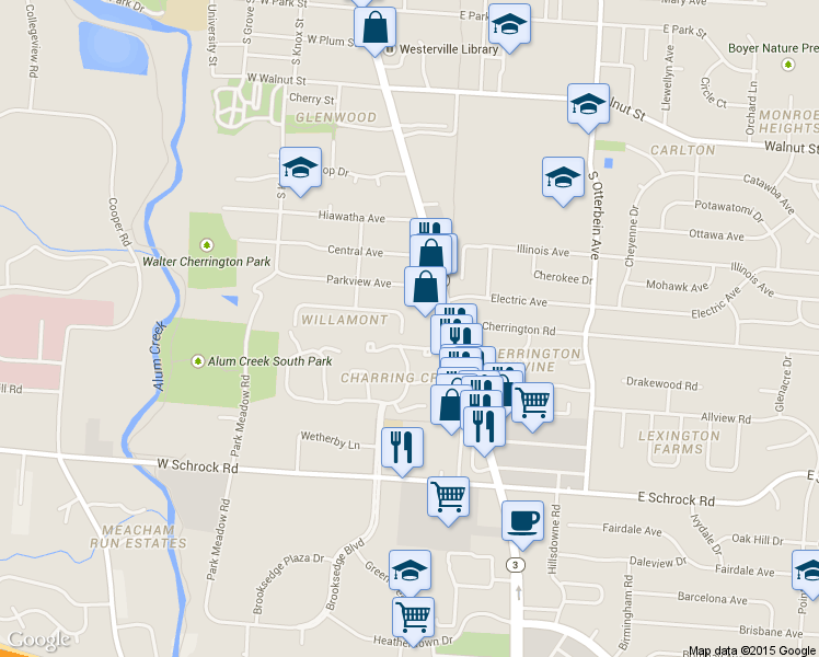map of restaurants, bars, coffee shops, grocery stores, and more near 420 Mariemont Drive East in Westerville