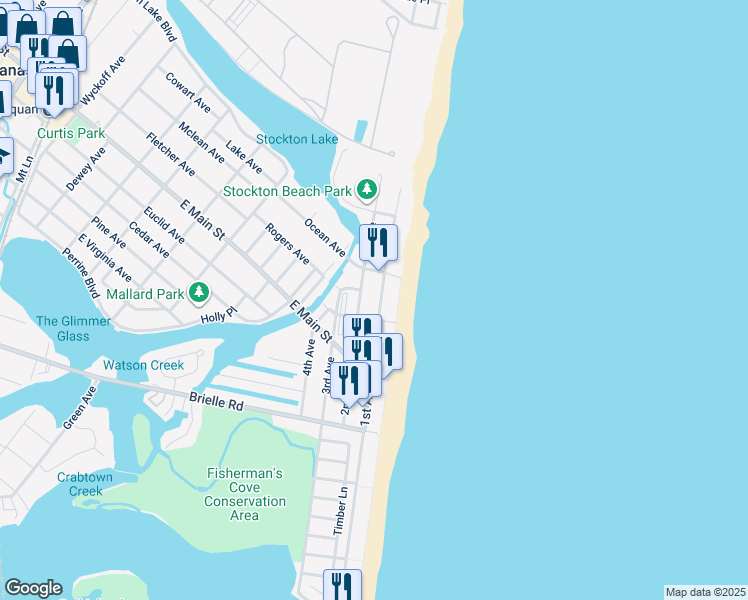 map of restaurants, bars, coffee shops, grocery stores, and more near 123 1st Avenue in Manasquan