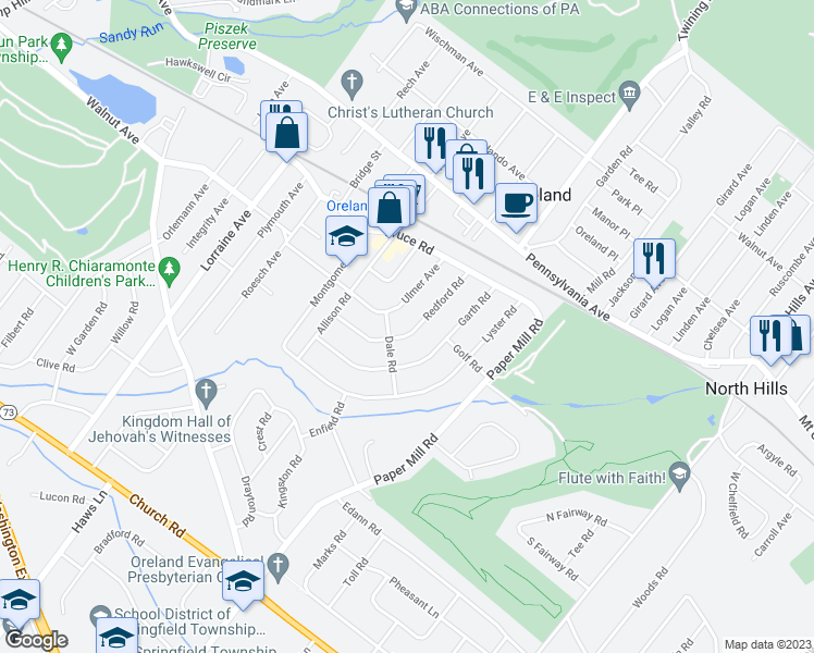 map of restaurants, bars, coffee shops, grocery stores, and more near 127 Redford Road in Oreland