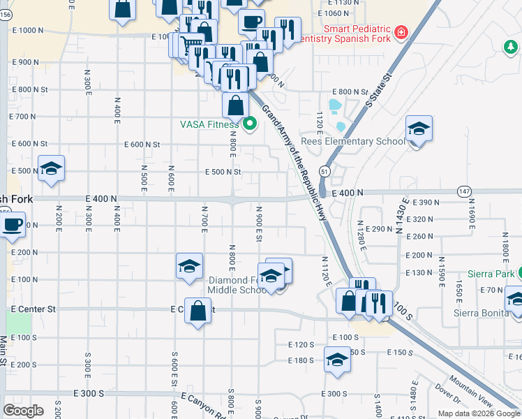 map of restaurants, bars, coffee shops, grocery stores, and more near 380 North 900 East Street in Spanish Fork