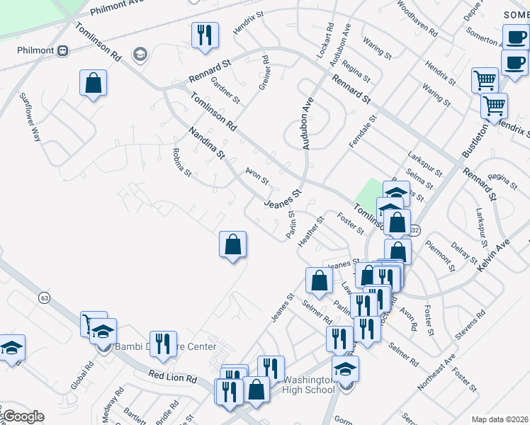 map of restaurants, bars, coffee shops, grocery stores, and more near 420 Avon Place in Philadelphia